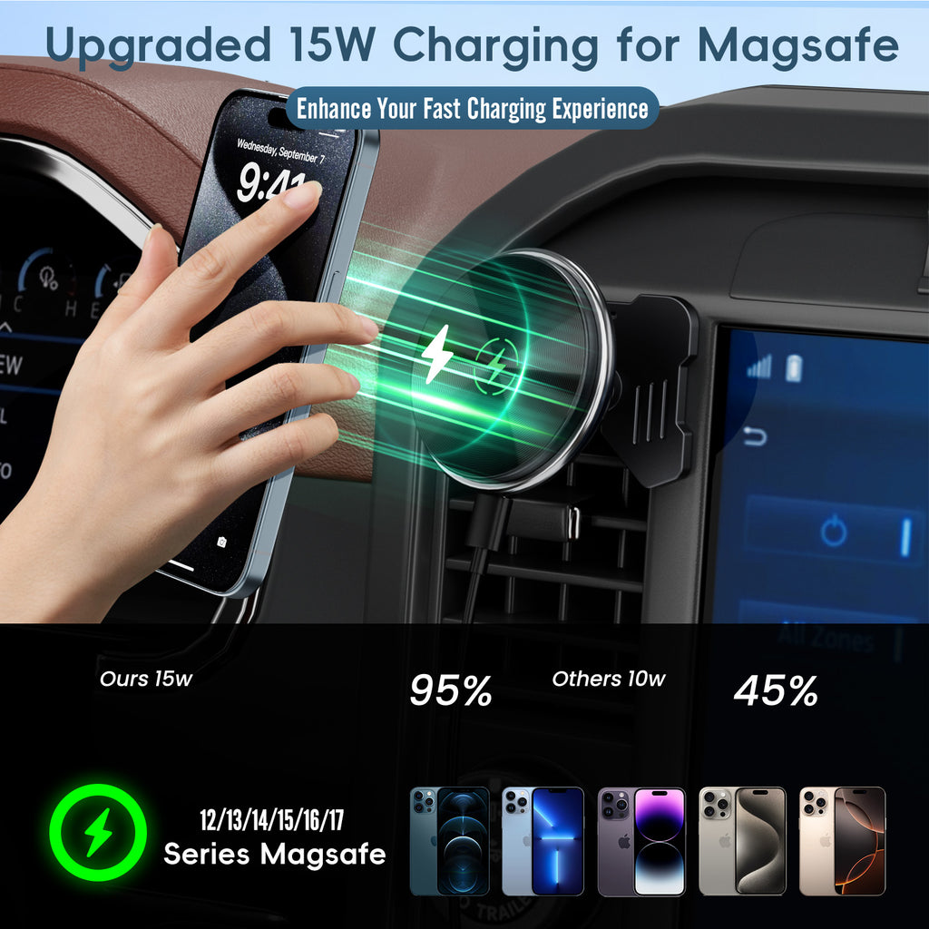 Car Vent Wireless Charger Magnetic Phone Mount Compatible with 2021-2026 Ford F-150, 2023-2026 Super Duty F250/F350/F450, Metal Phone Holder Cradles Bracket Stand for All Smartphones (No Socket Arm)