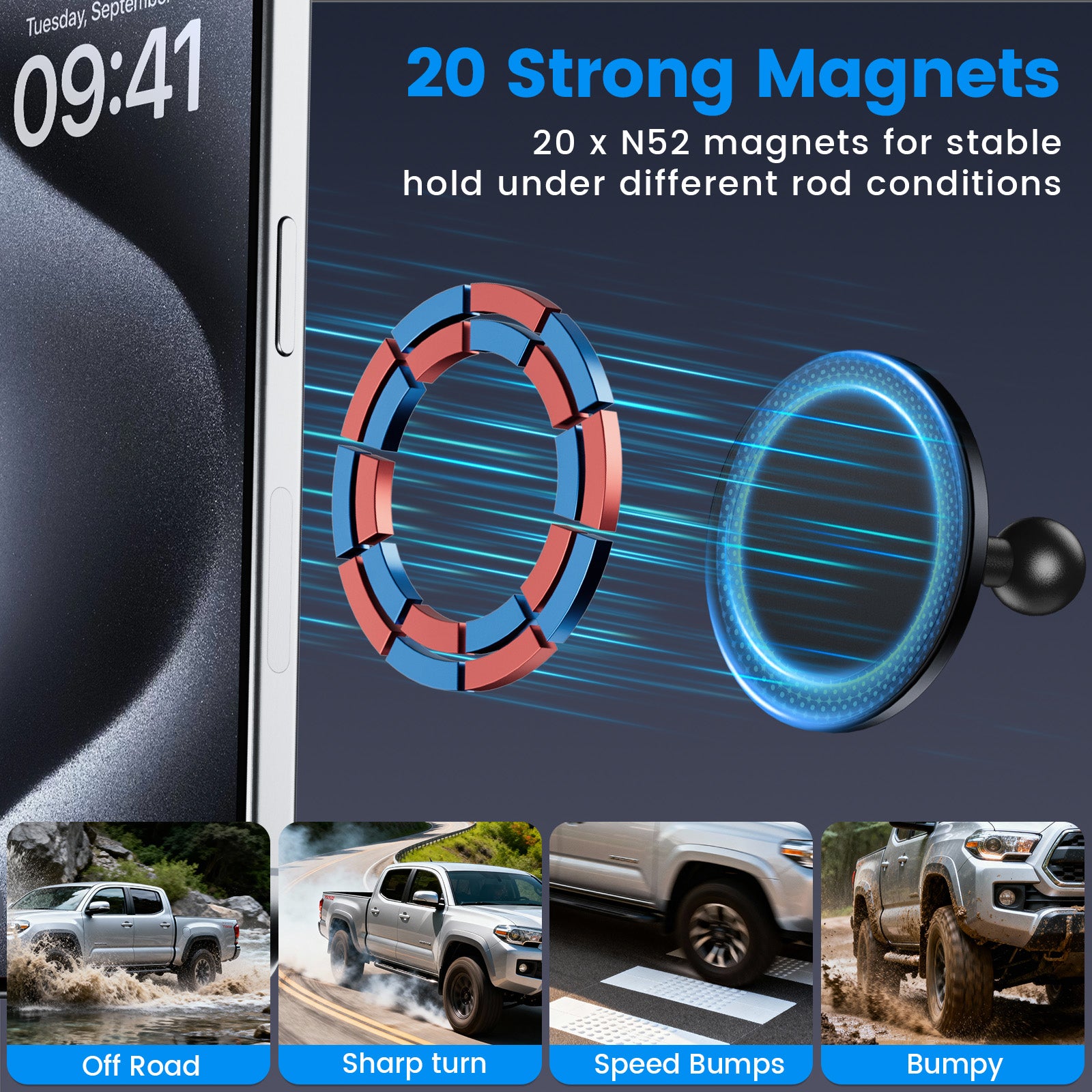 Kaishengyuan Magnetic Phone Mount Compatible with 2024-2026 Toyota Tacoma, 360° Rotation 4th Metal Phone Holder Dashboard Cradles Bracket Stand for All Smartphones