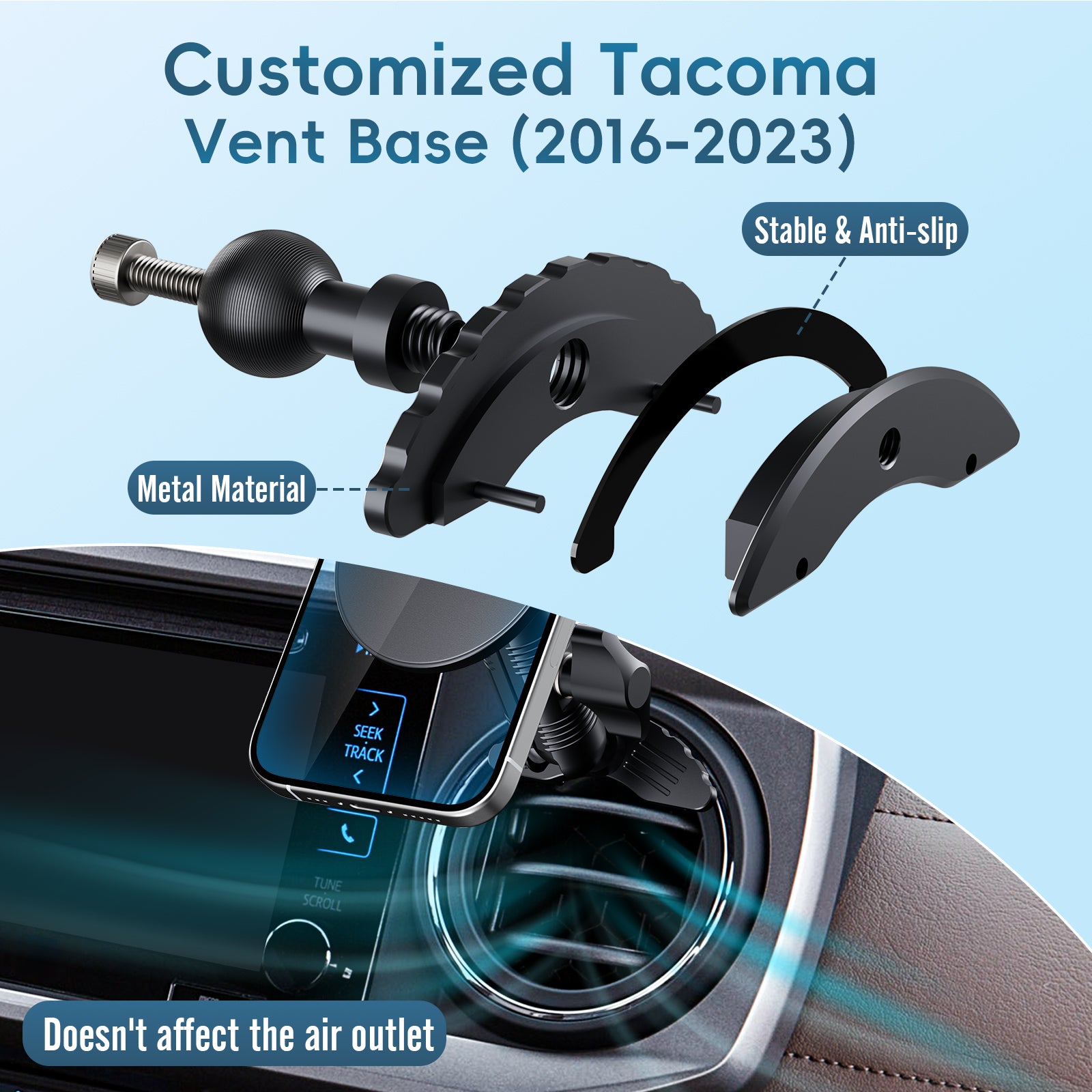Upgraded Vent Magnetic Phone Mount for Tacoma 2016 -2023 and 2014-2021 Toyota Tundra, 3rd Gen Tacoma Cell Phone Cradles with Full Metal Arm 20x Super Strong Magnet Phone Holder Fit for All Smartphone