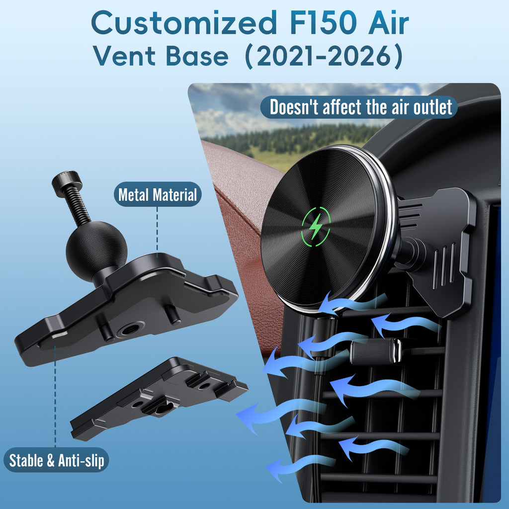 Car Vent Wireless Charger Magnetic Phone Mount Compatible with 2021-2026 Ford F-150, 2023-2026 Super Duty F250/F350/F450, Metal Phone Holder Cradles Bracket Stand for All Smartphones (No Socket Arm)