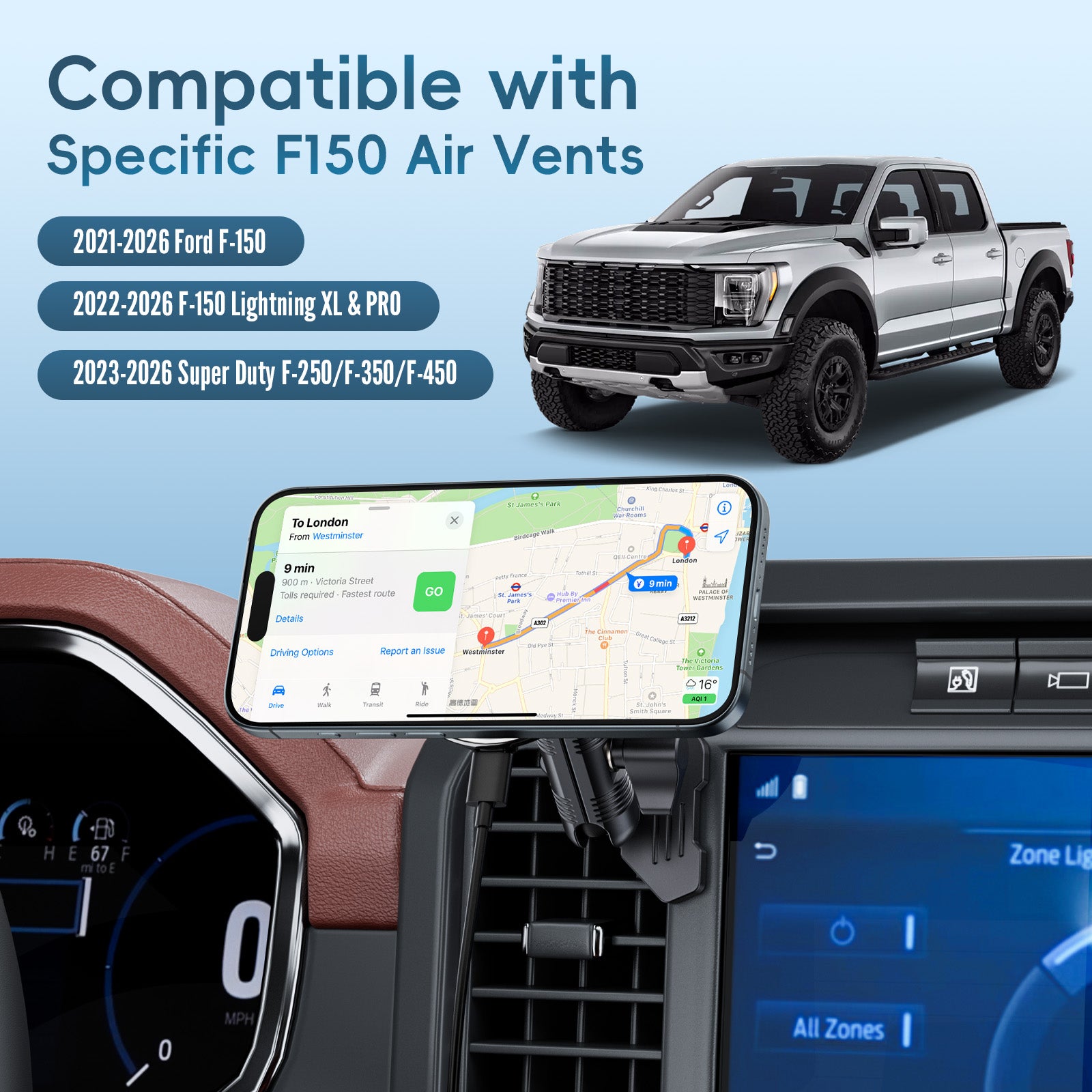 Kaishengyuan Wireless Charger Magnetic Vent Phone Mount Compatible with 2021-2026 Ford F-150, 2023-2026 Super Duty F250/F350/F450, Metal Phone Holder Cradles Bracket Stand with Arm for All Smartphone