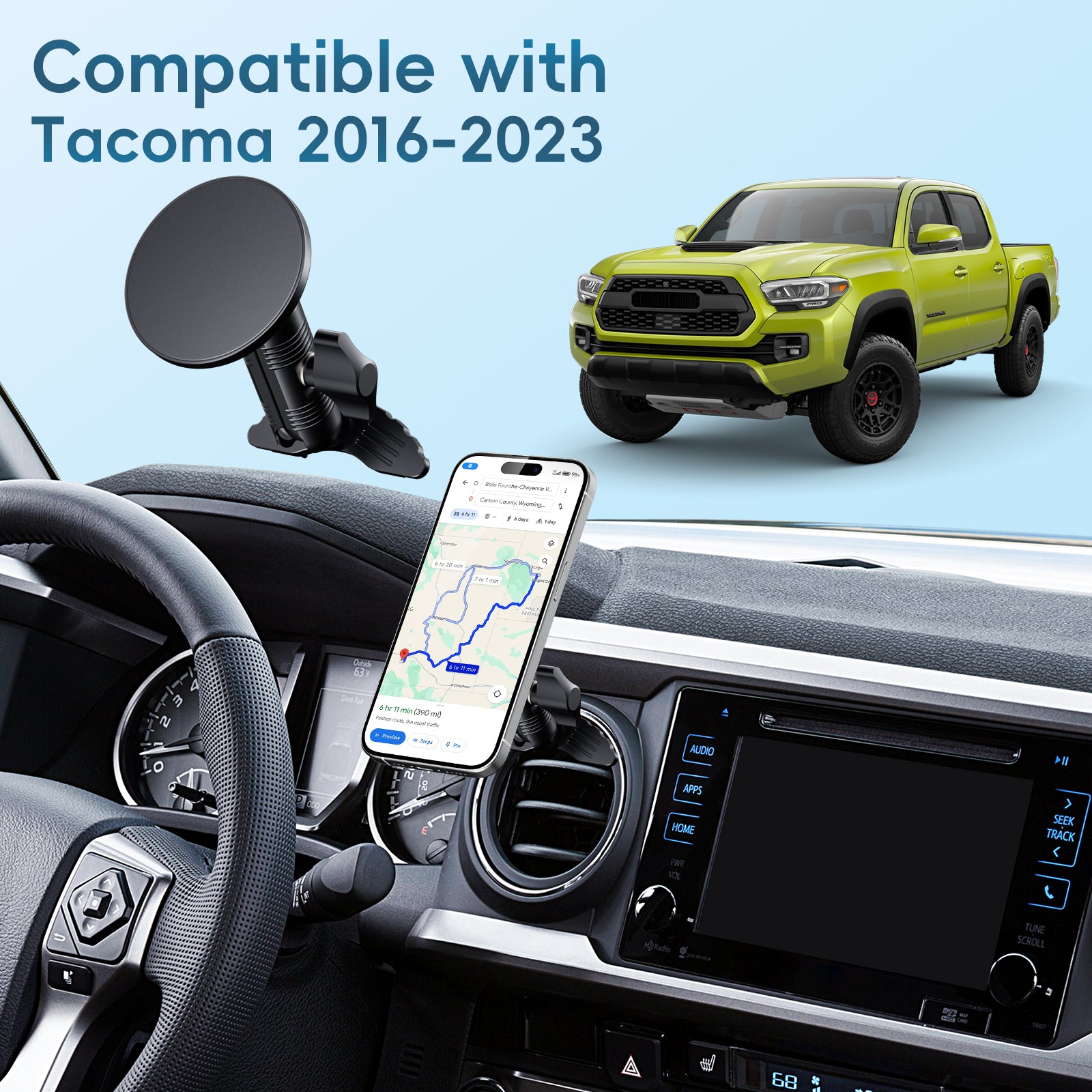 Upgraded Vent Magnetic Phone Mount for Tacoma 2016 -2023 and 2014-2021 Toyota Tundra, 3rd Gen Tacoma Cell Phone Cradles with Full Metal Arm 20x Super Strong Magnet Phone Holder Fit for All Smartphone