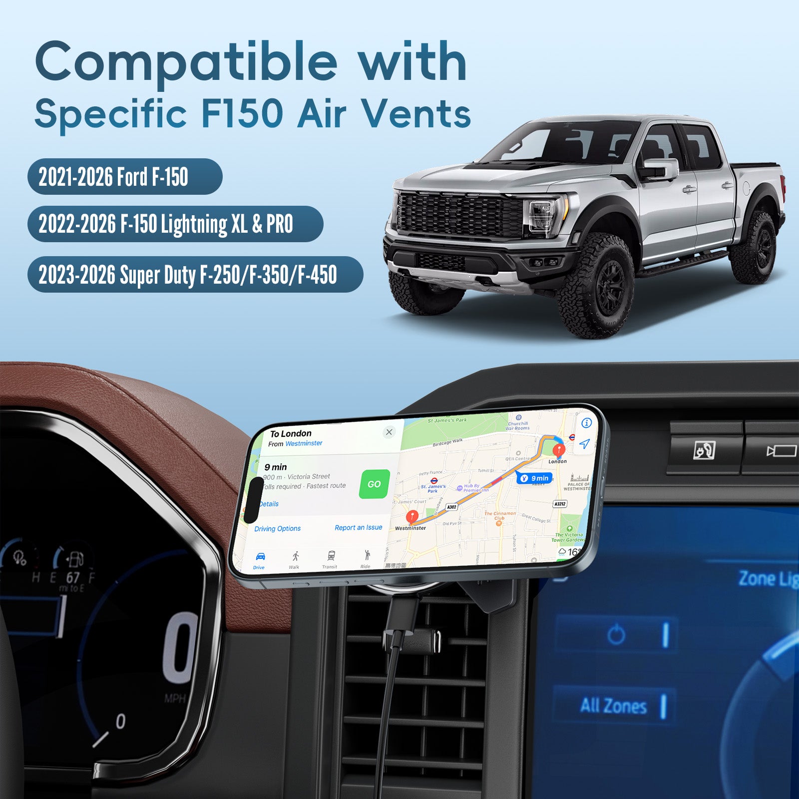 Car Vent Wireless Charger Magnetic Phone Mount Compatible with 2021-2026 Ford F-150, 2023-2026 Super Duty F250/F350/F450, Metal Phone Holder Cradles Bracket Stand for All Smartphones (No Socket Arm)
